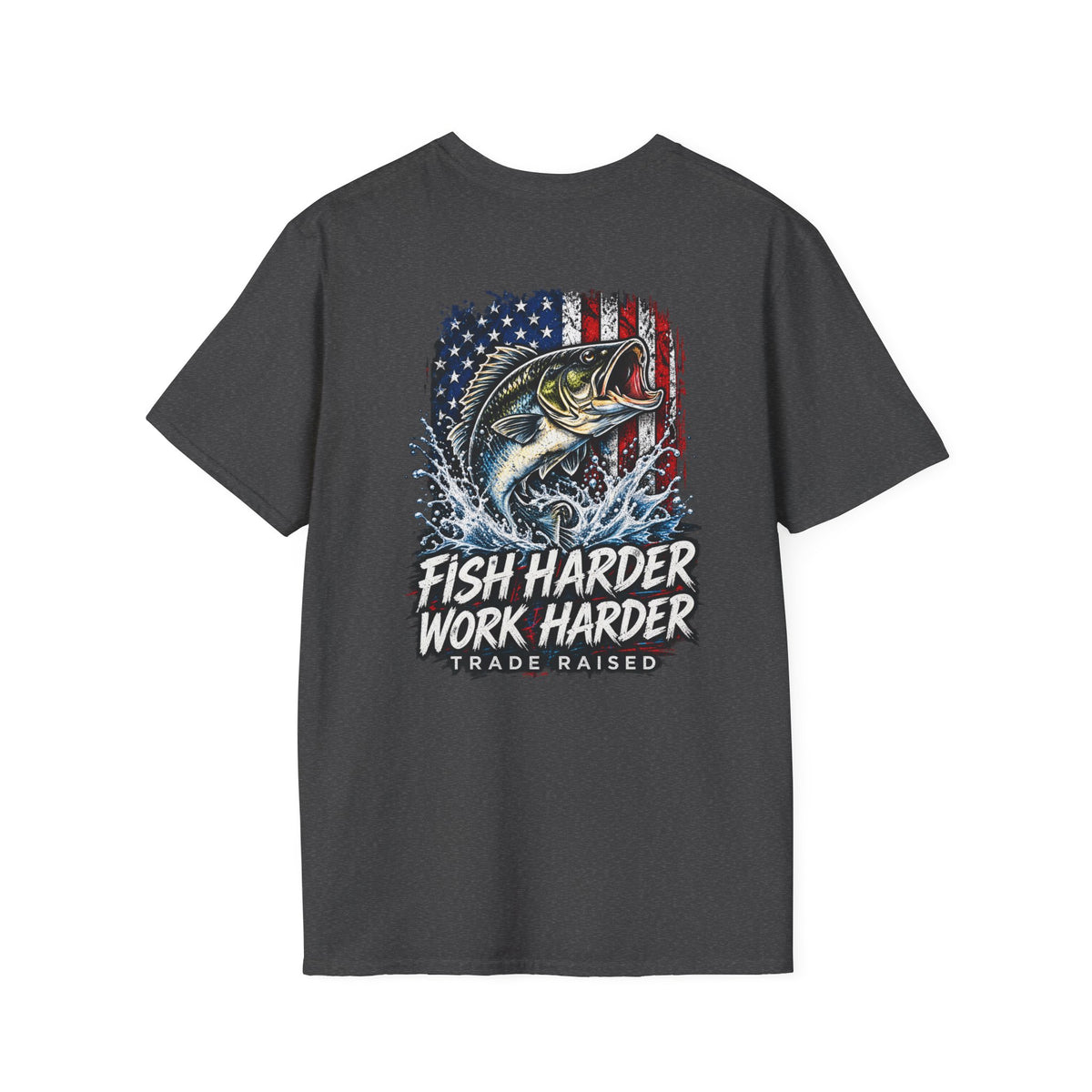 Fish Harder Work Harder T-Shirt — American Flag Bass Fishing Tee