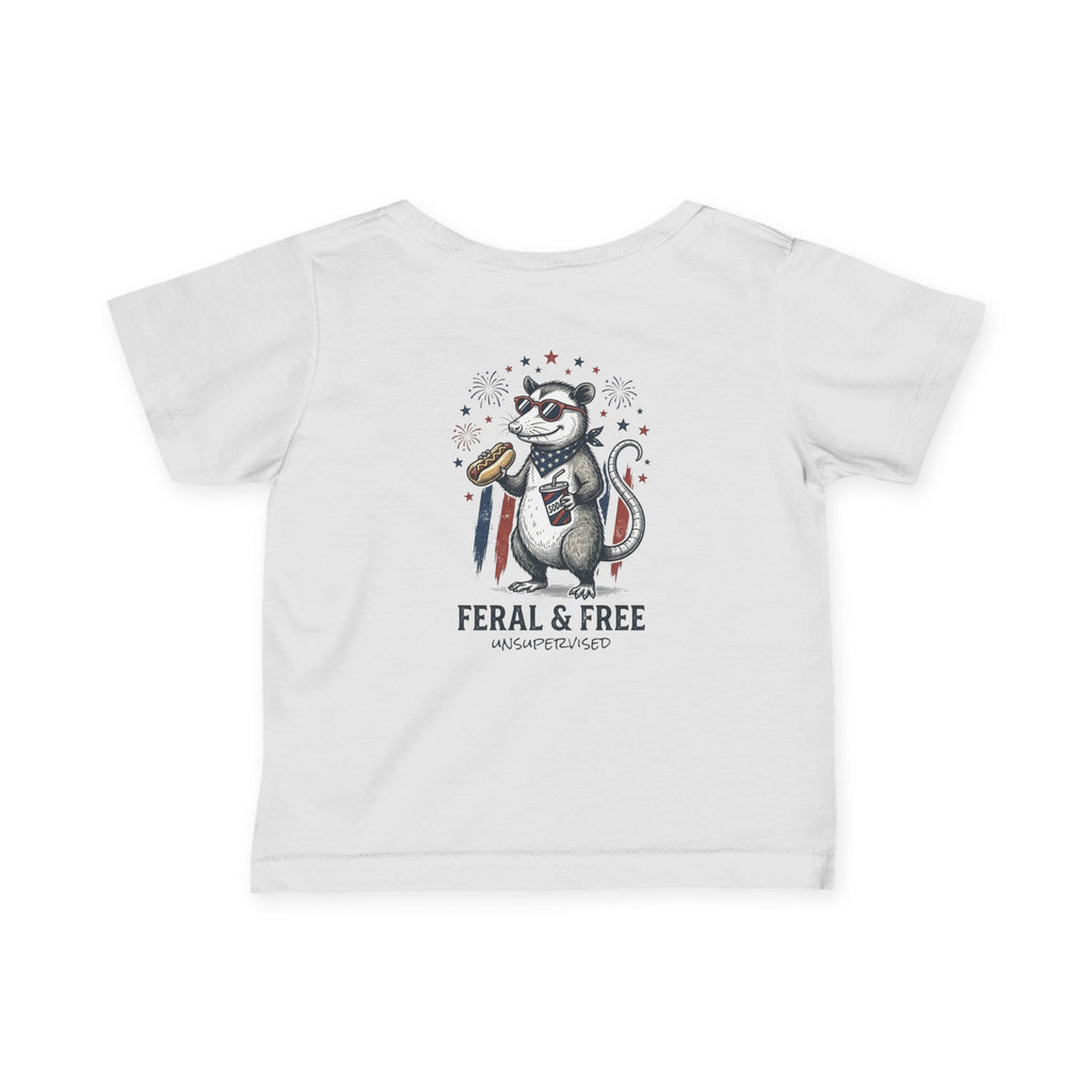 Infant Tee — "Feral & Free" Patriotic Raccoon Baby Shirt