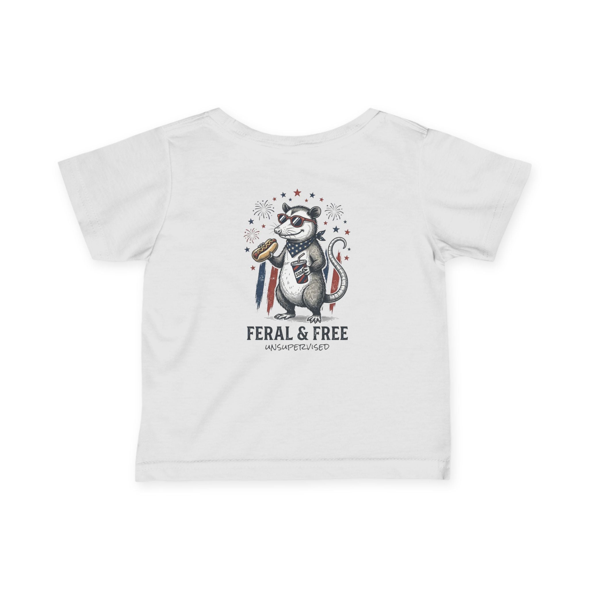Infant Tee — "Feral & Free" Patriotic Raccoon Baby Shirt