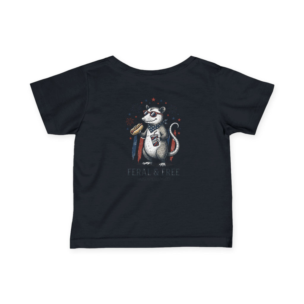 Infant Tee — "Feral & Free" Patriotic Raccoon Baby Shirt