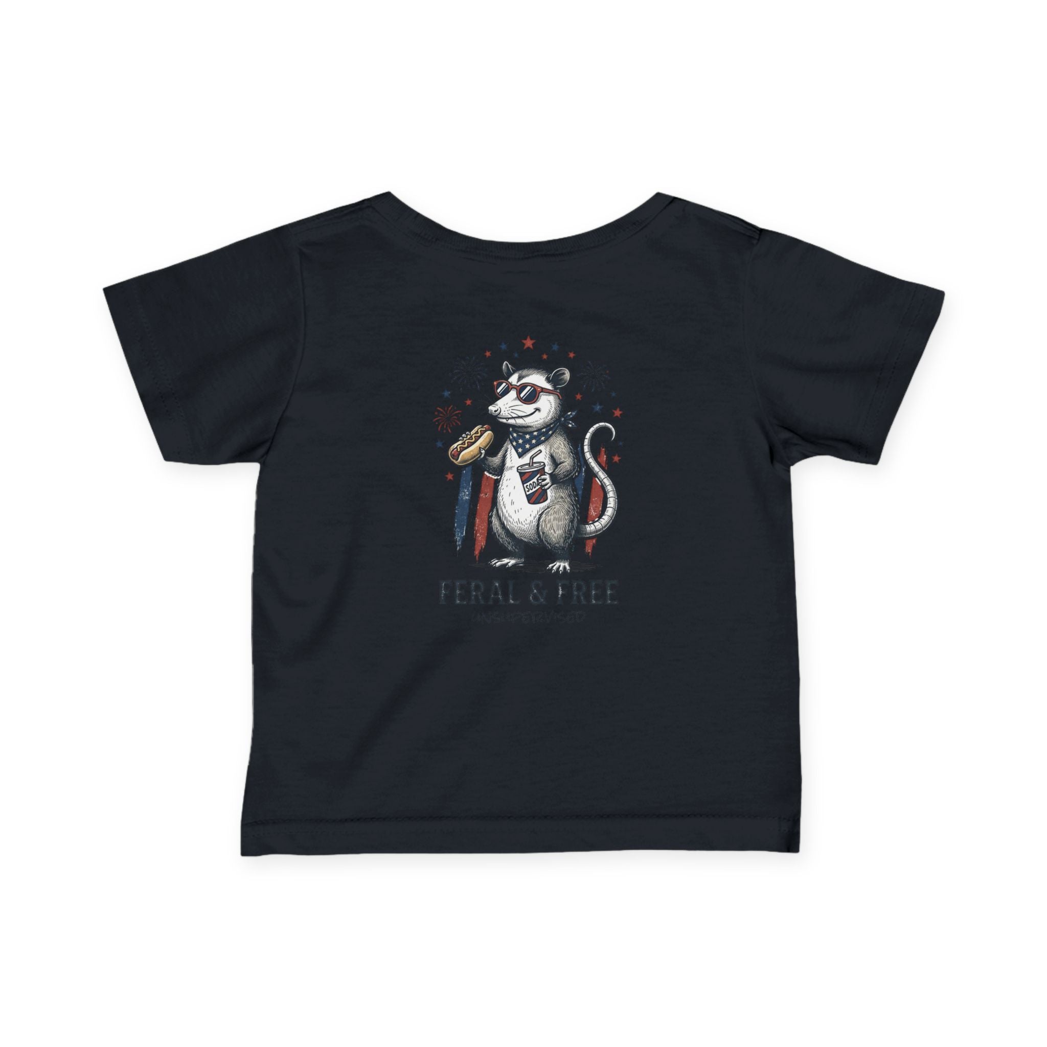 Infant Tee — "Feral & Free" Patriotic Raccoon Baby Shirt