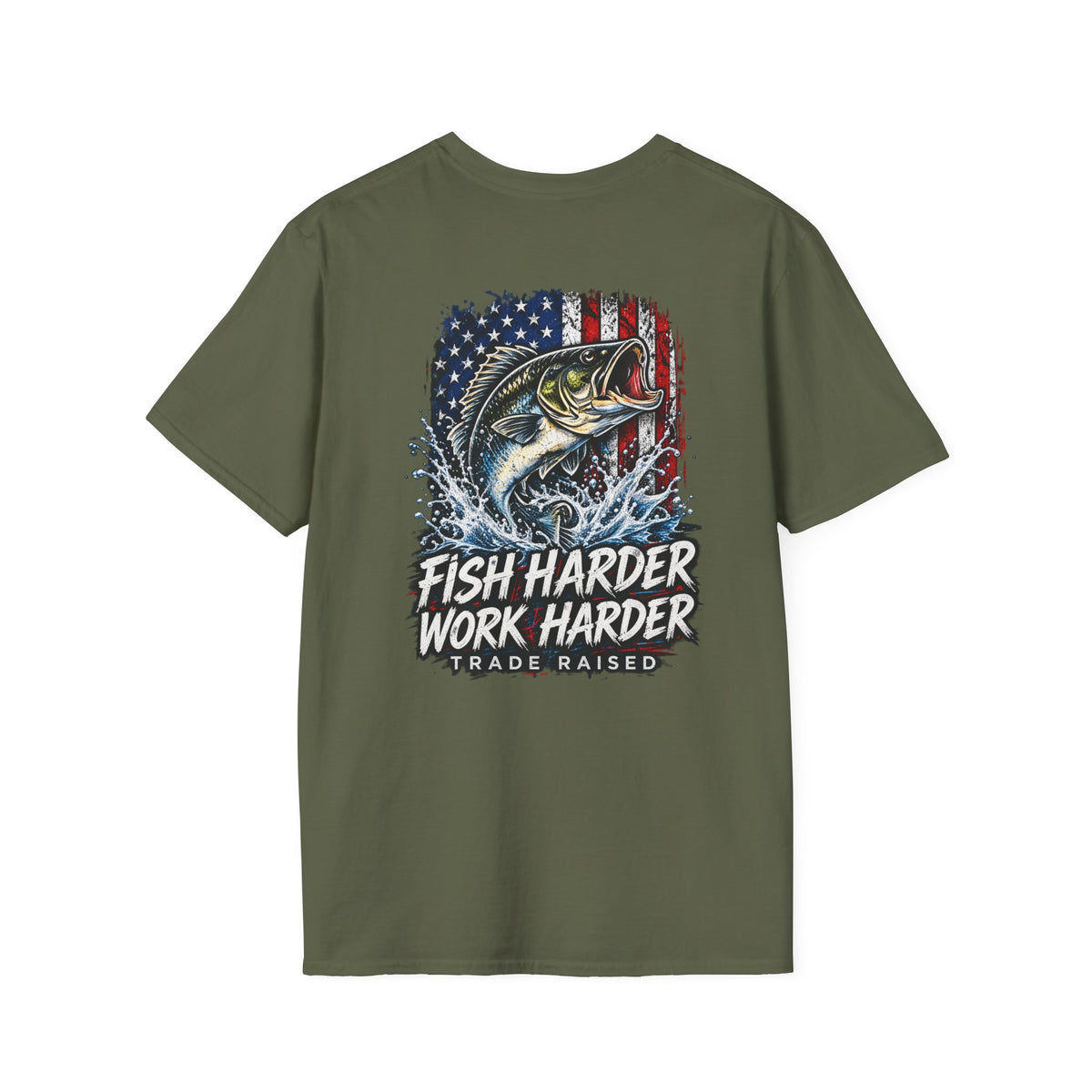 Fish Harder Work Harder T-Shirt — American Flag Bass Fishing Tee