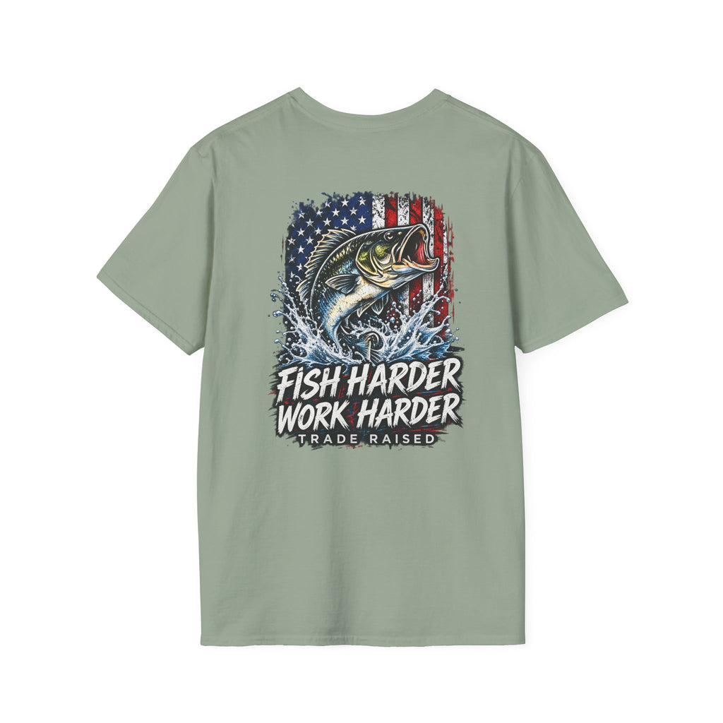 Fish Harder Work Harder T-Shirt — American Flag Bass Fishing Tee