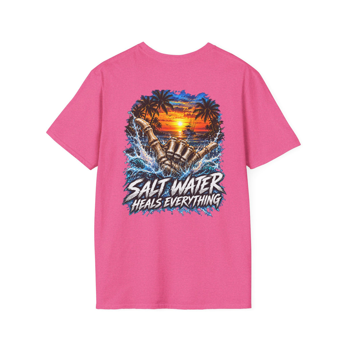 Salt Water Heals Everything T-Shirt — Tropical Sunset Beach Fishing Tee