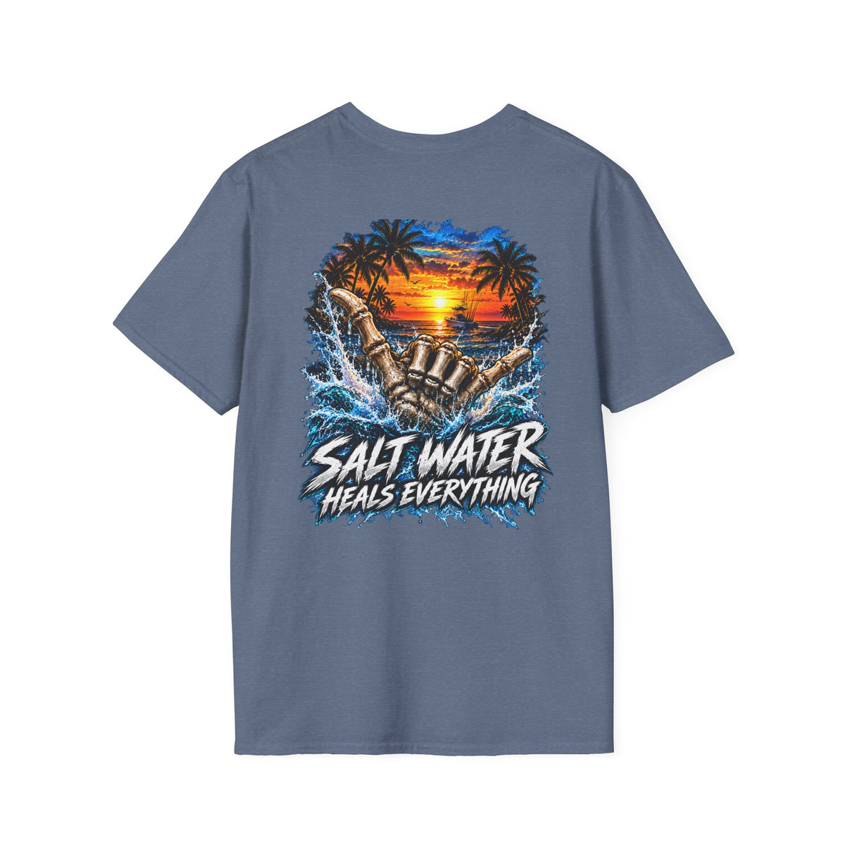 Salt Water Heals Everything T-Shirt — Tropical Sunset Beach Fishing Tee