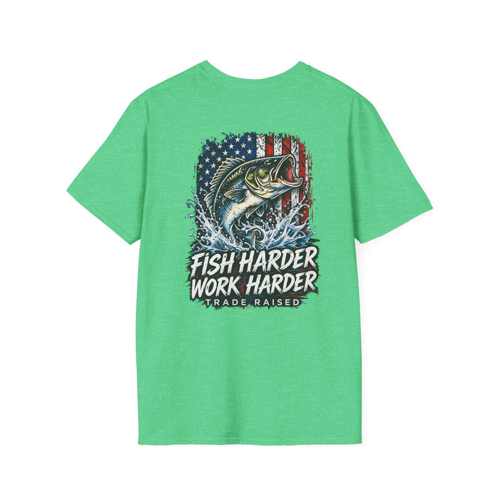 Fish Harder Work Harder T-Shirt — American Flag Bass Fishing Tee