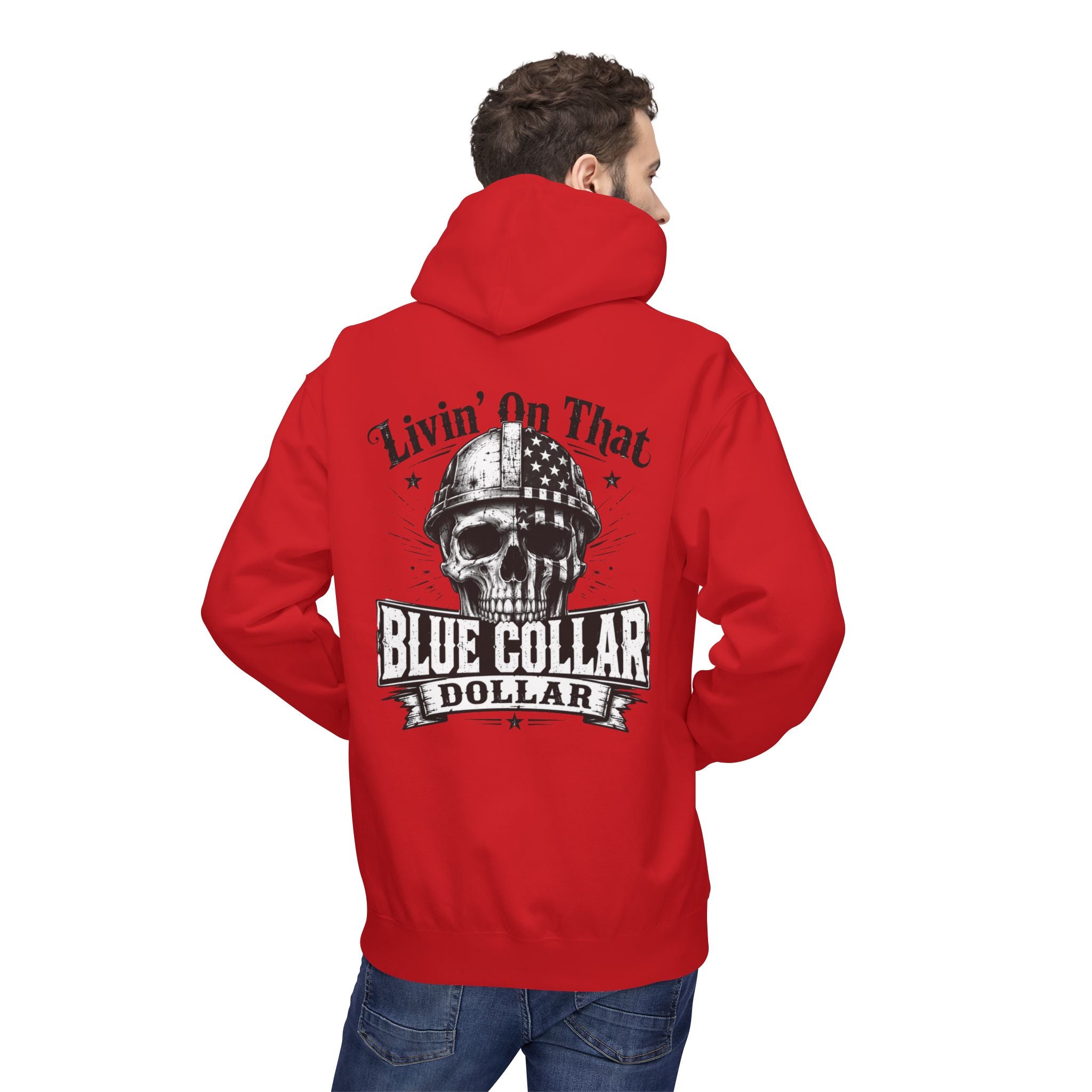 Blue Collar Dollar Hoodie — "Livin' That" Skull Workwear Pullover