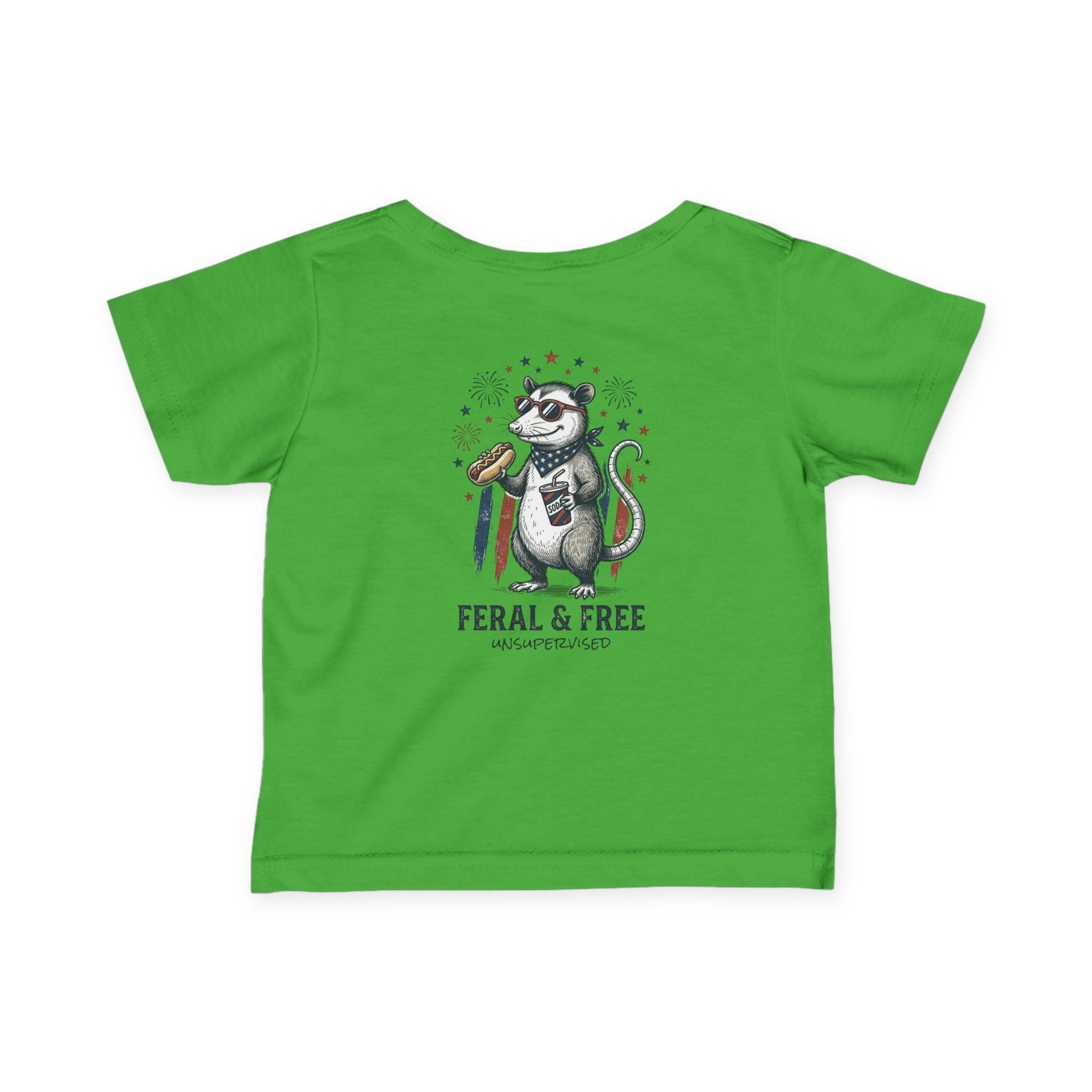 Infant Tee — "Feral & Free" Patriotic Raccoon Baby Shirt