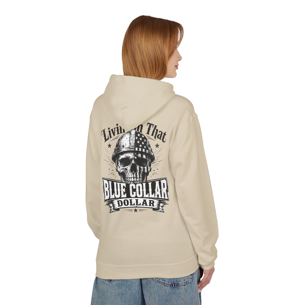 Blue Collar Dollar Hoodie — "Livin' That" Skull Workwear Pullover