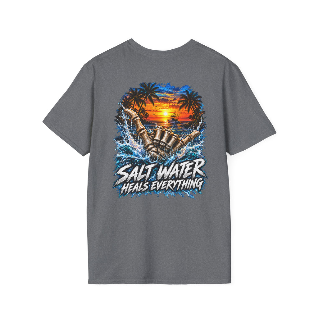 Salt Water Heals Everything T-Shirt — Tropical Sunset Beach Fishing Tee