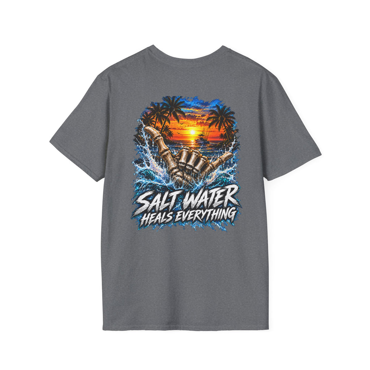 Salt Water Heals Everything T-Shirt — Tropical Sunset Beach Fishing Tee