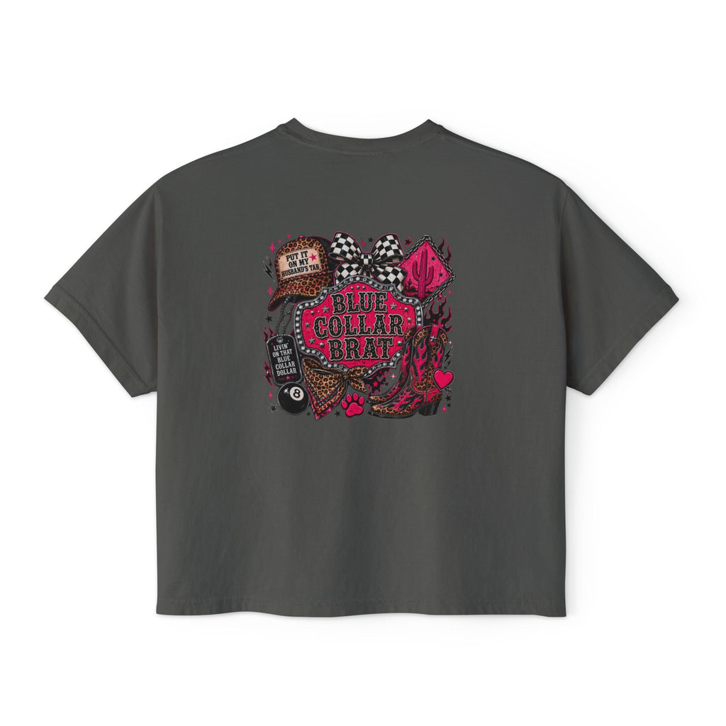 Blue Collar Brat Women's Boxy Tee — Retro Workwear Graphic Crop T-Shirt