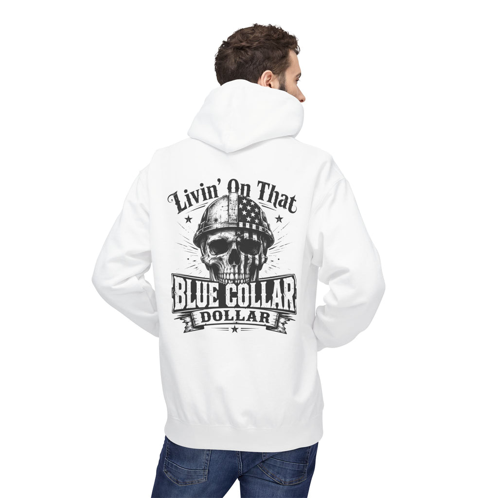Blue Collar Dollar Hoodie — "Livin' That" Skull Workwear Pullover