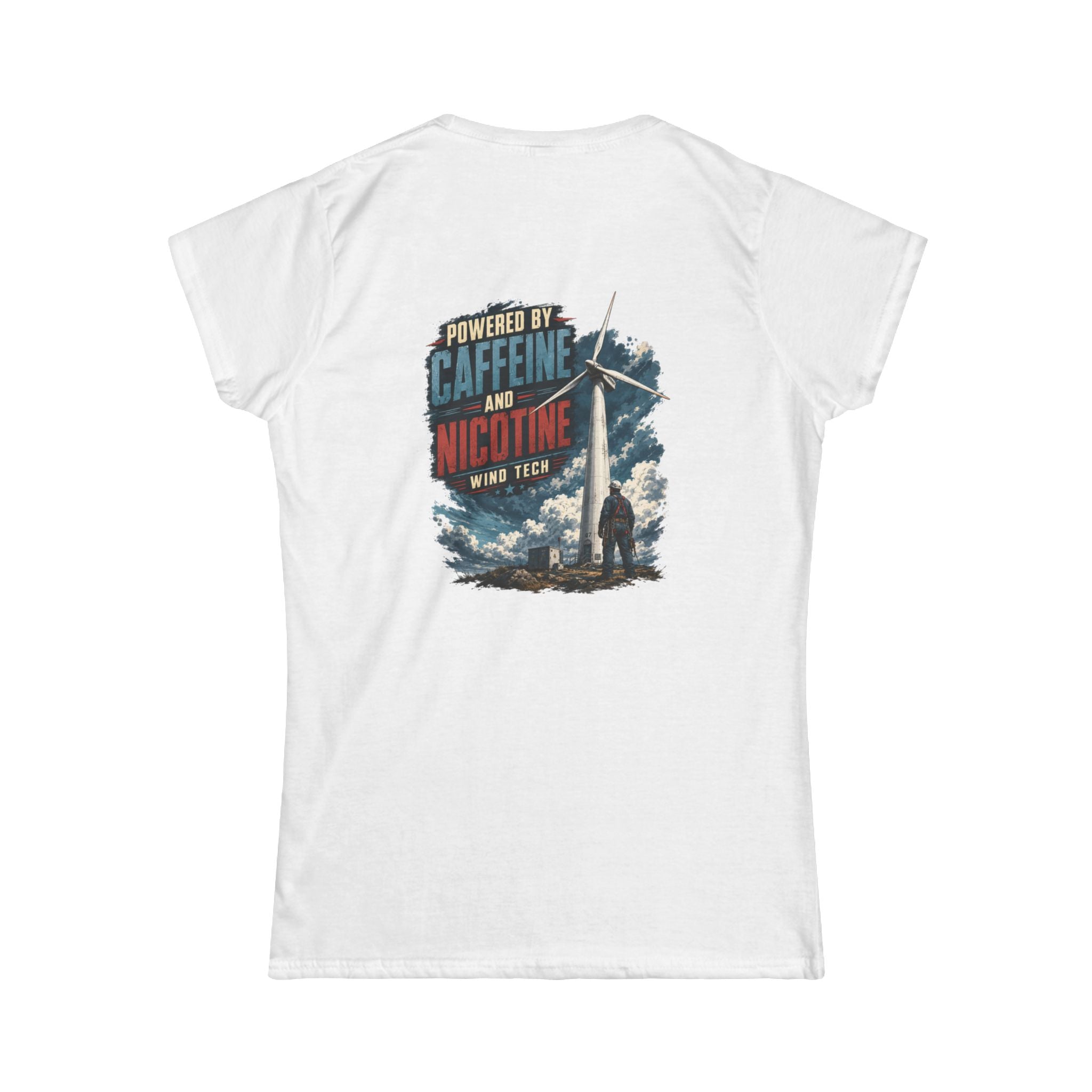 Women's Tee — "Powered by Caffeine and Nicotine" Retro Graphic Chest & Back