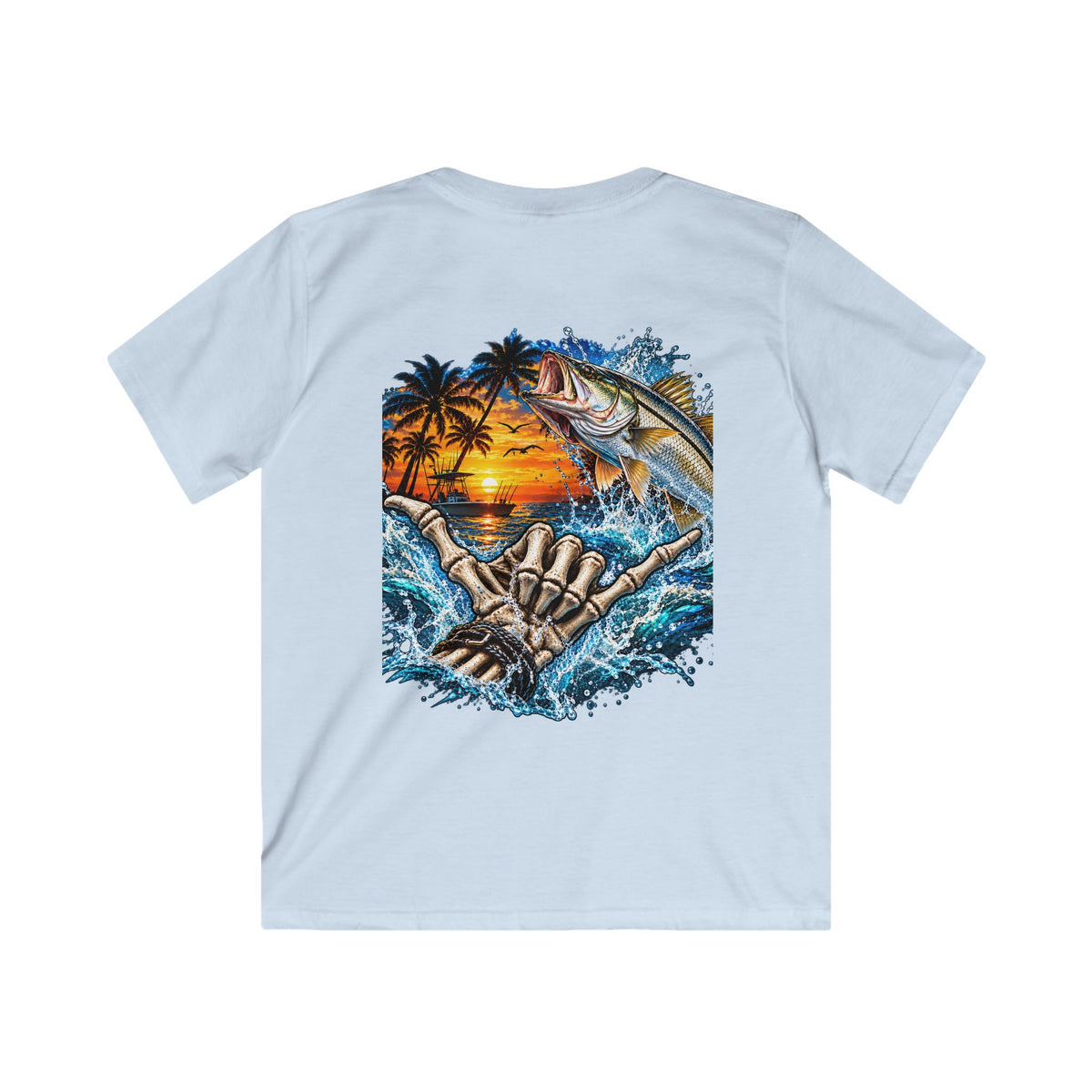 Kids Tee — Tropical Fishing Sunset Graphic (Back) with Small Front Logo