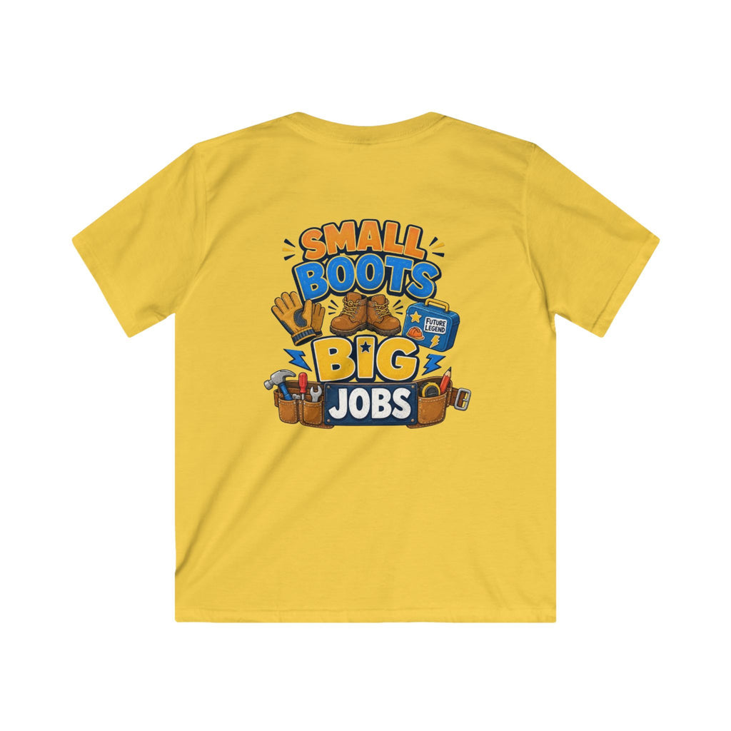 Kids Tee — "Small Boots Big Jobs" Construction Graphic Shirt for Young Builders