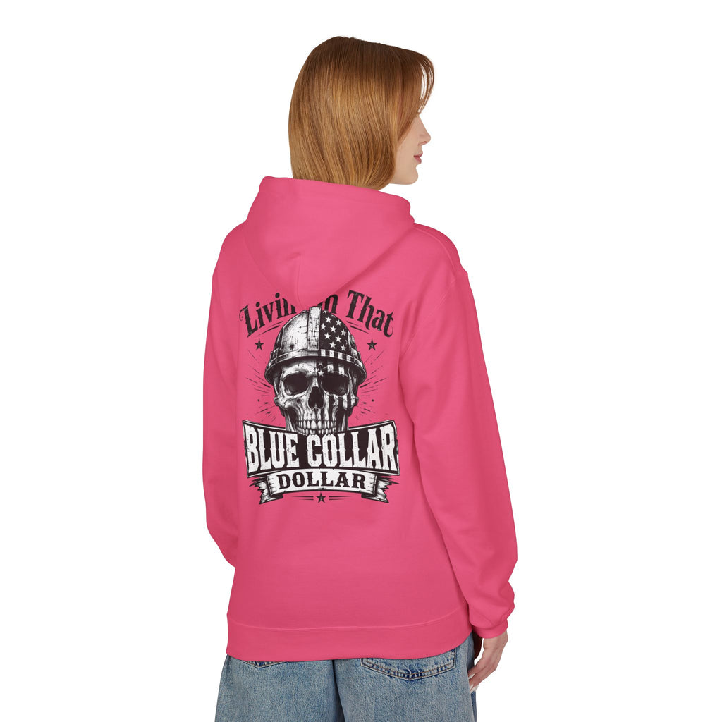Blue Collar Dollar Hoodie — "Livin' That" Skull Workwear Pullover