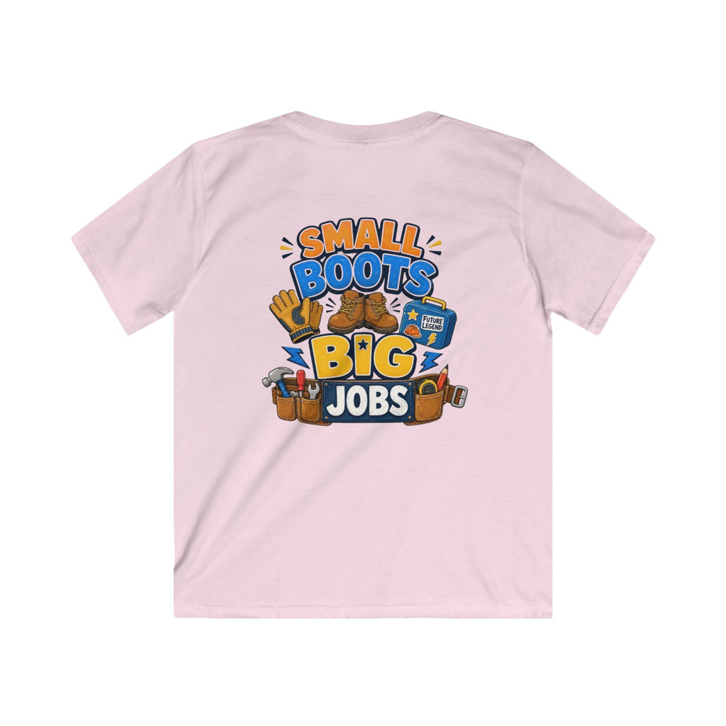 Kids Tee — "Small Boots Big Jobs" Construction Graphic Shirt for Young Builders