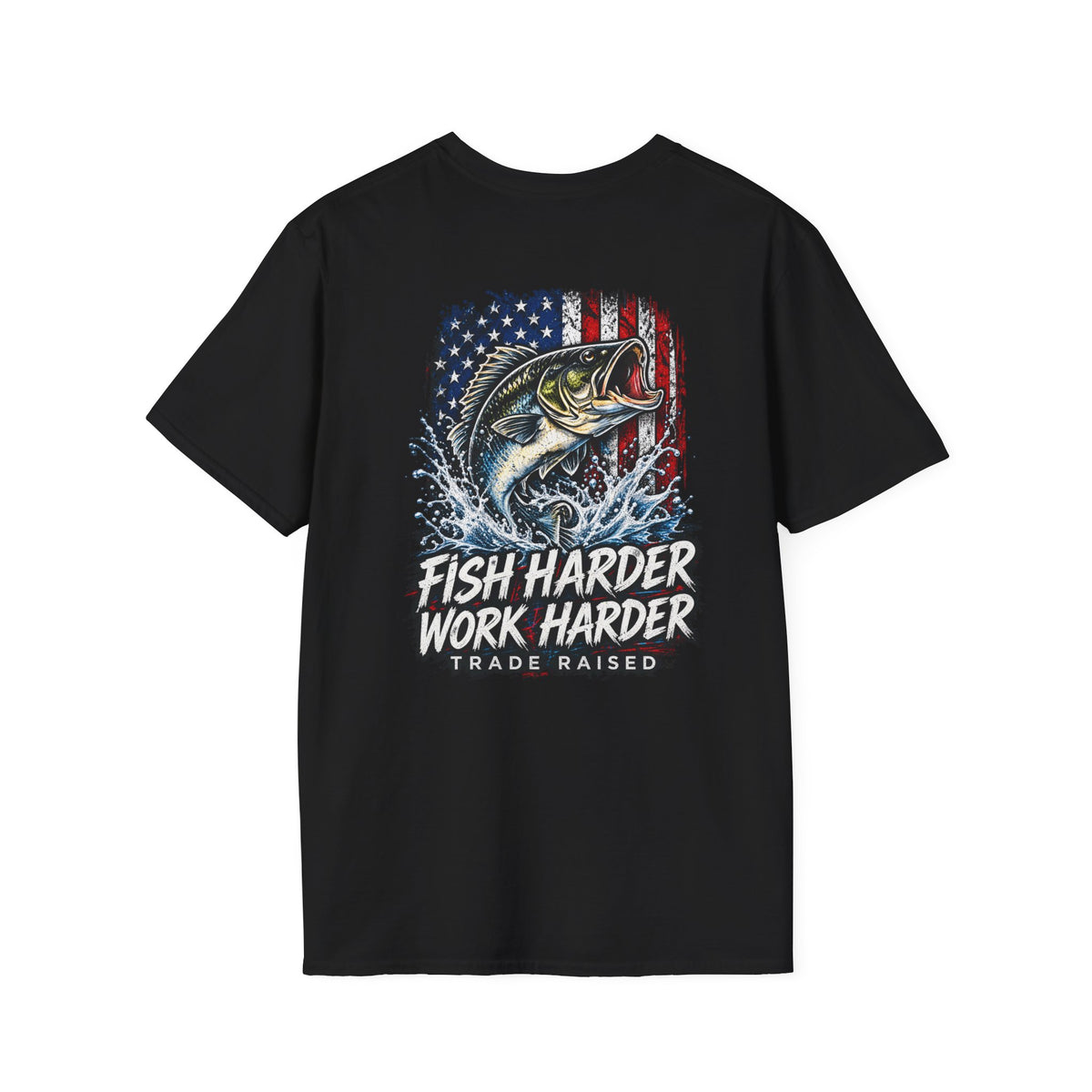 Fish Harder Work Harder T-Shirt — American Flag Bass Fishing Tee