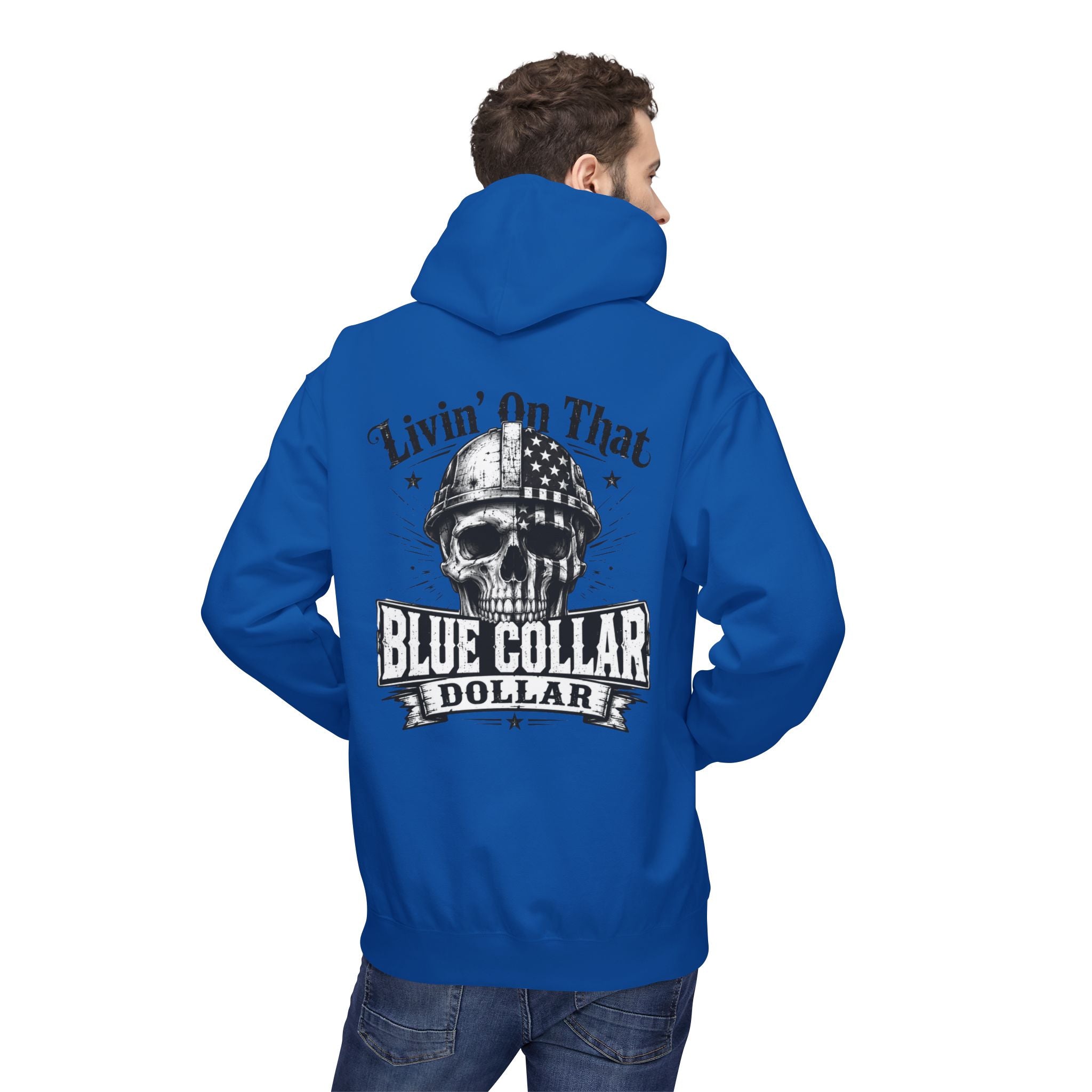 Blue Collar Dollar Hoodie — "Livin' That" Skull Workwear Pullover