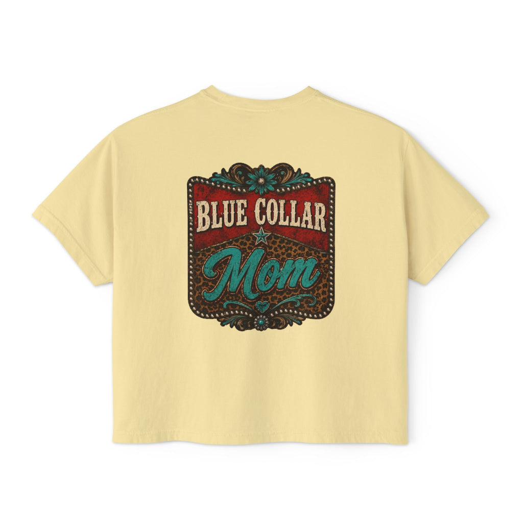 Blue Collar Mom Boxy Tee — Rustic Western Graphic Women’s T‑Shirt