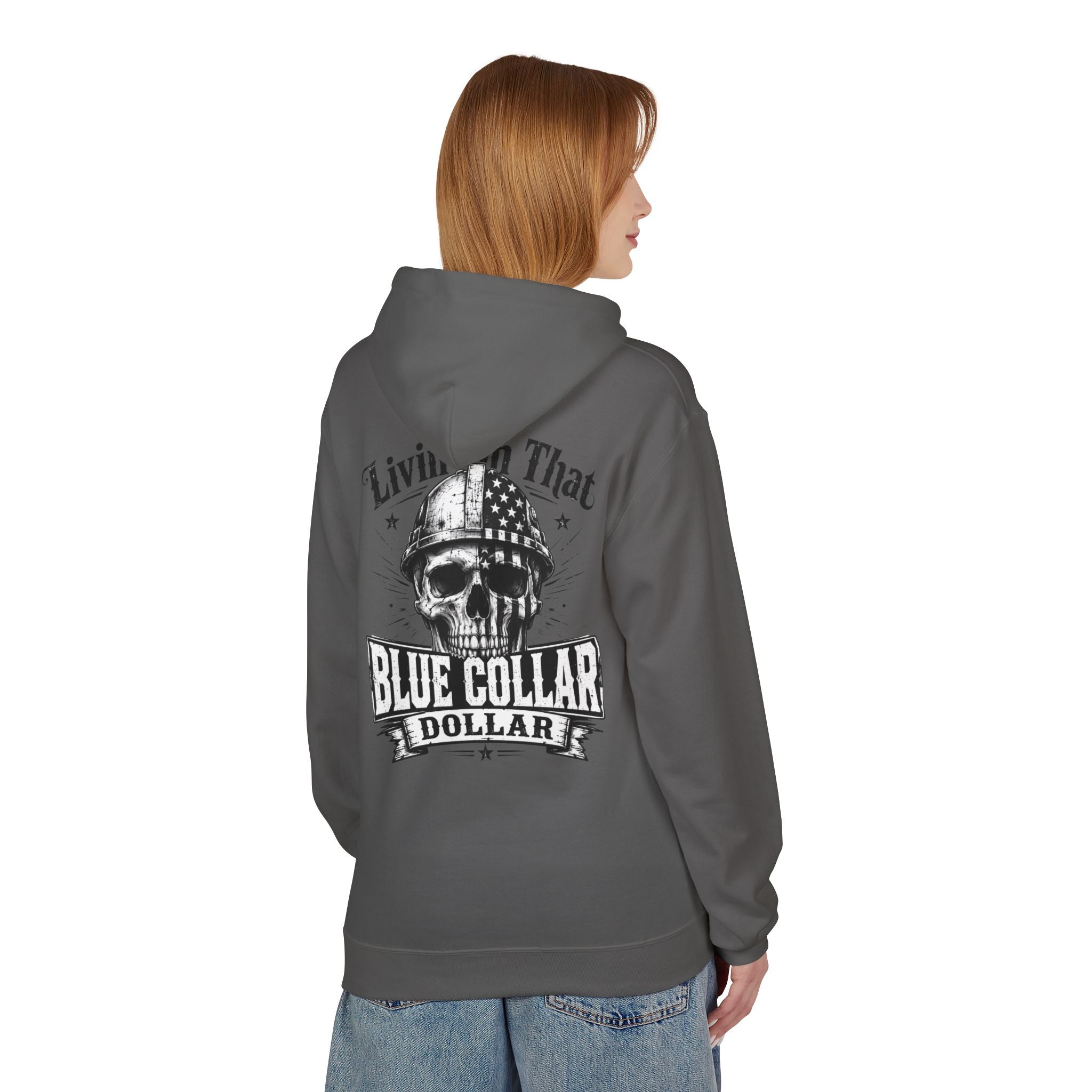 Blue Collar Dollar Hoodie — "Livin' That" Skull Workwear Pullover