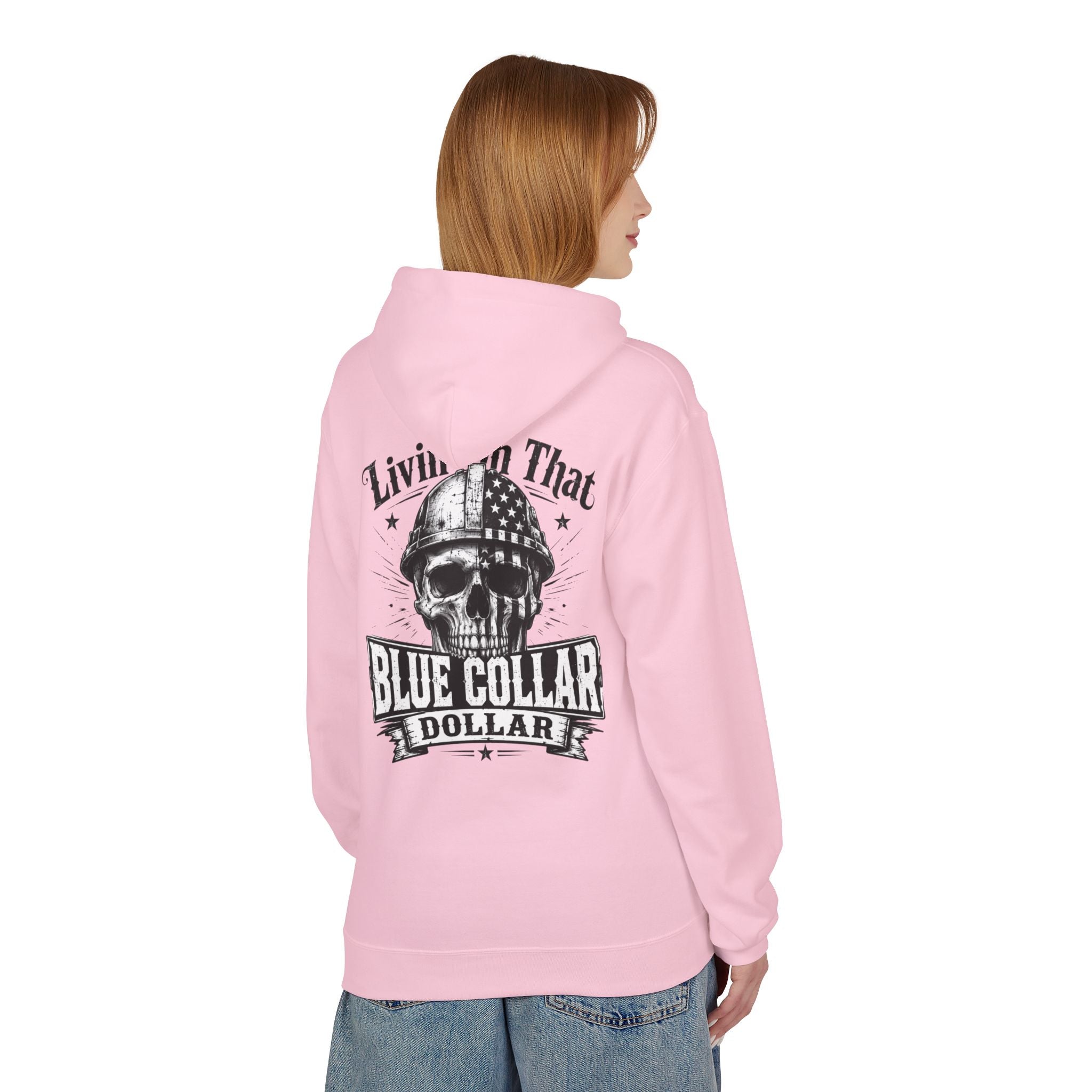 Blue Collar Dollar Hoodie — "Livin' That" Skull Workwear Pullover