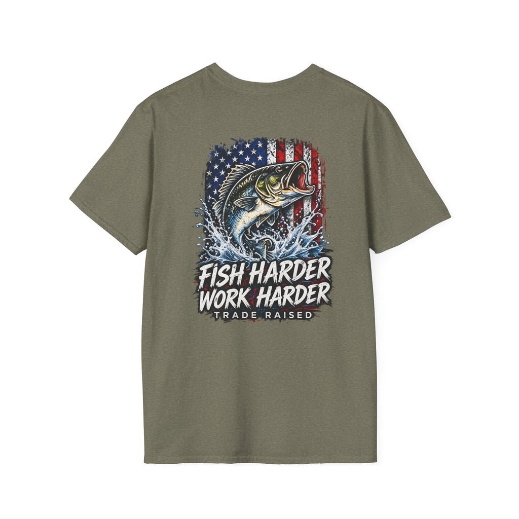 Fish Harder Work Harder T-Shirt — American Flag Bass Fishing Tee